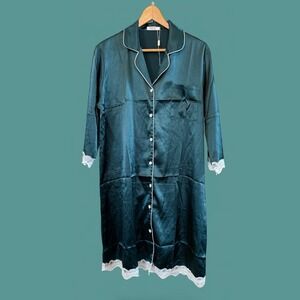 Wms Silky NWOT Green w/ White Lace Trim Ekouaer L Button Down Nightgown/PJ's